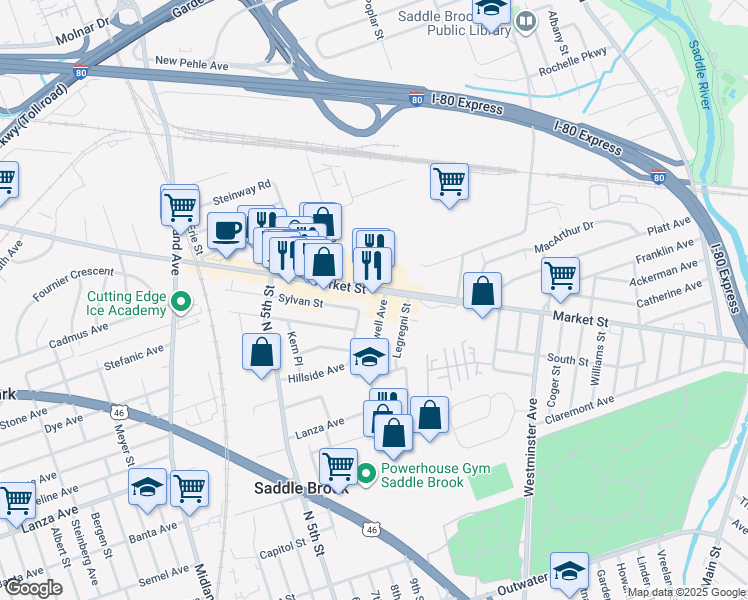 map of restaurants, bars, coffee shops, grocery stores, and more near 350 Market Street in Saddle Brook