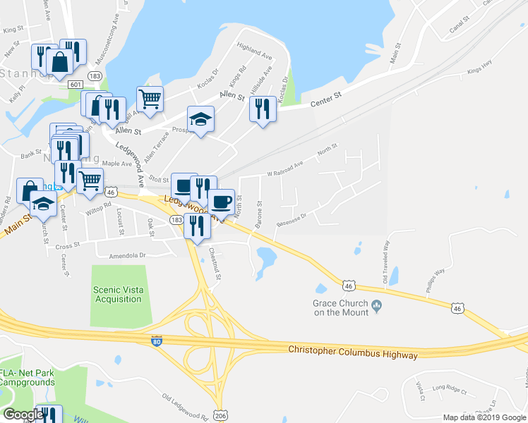 map of restaurants, bars, coffee shops, grocery stores, and more near 16 Barone Street in Netcong