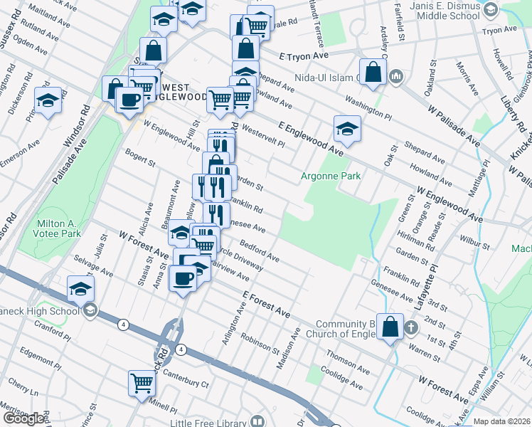 map of restaurants, bars, coffee shops, grocery stores, and more near 79 Genesee Avenue in Teaneck