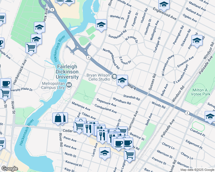 map of restaurants, bars, coffee shops, grocery stores, and more near 628 Standish Road in Teaneck