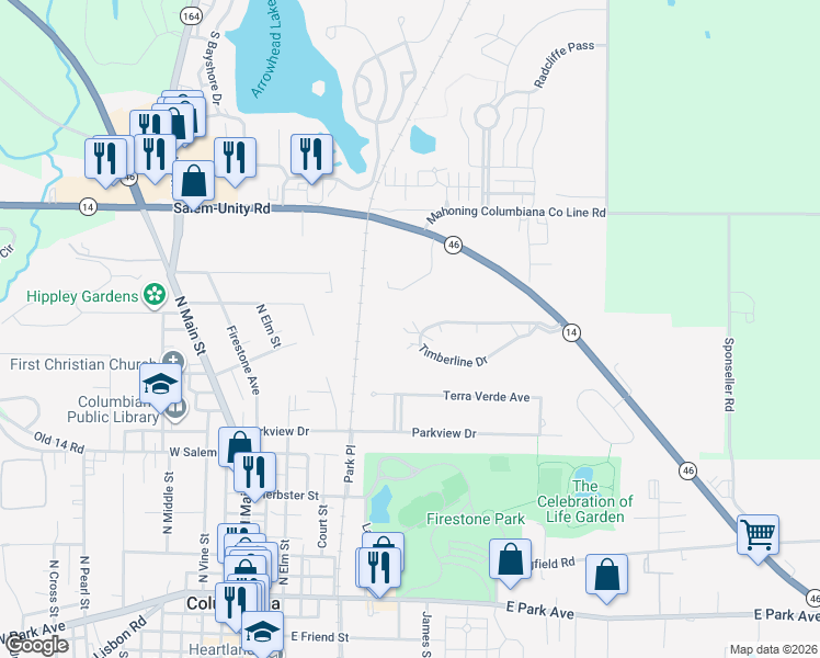 map of restaurants, bars, coffee shops, grocery stores, and more near 2301 Timberline Drive in Columbiana