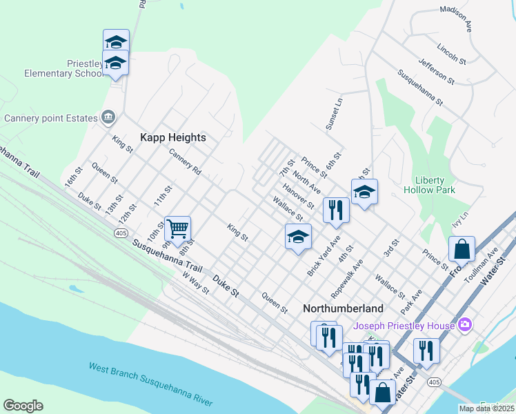 map of restaurants, bars, coffee shops, grocery stores, and more near 398 7th St in Northumberland