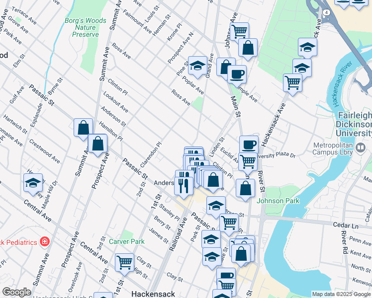 map of restaurants, bars, coffee shops, grocery stores, and more near 84 Vanderbeck Place in Hackensack