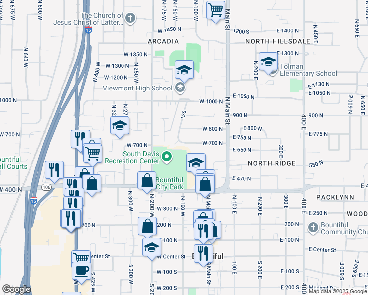 map of restaurants, bars, coffee shops, grocery stores, and more near 93 West 700 North in Bountiful