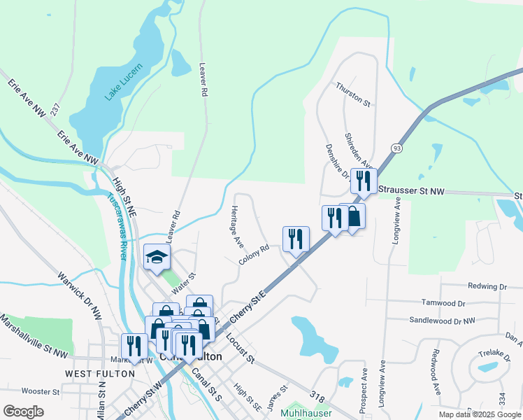map of restaurants, bars, coffee shops, grocery stores, and more near 361 Waterside Avenue in Canal Fulton