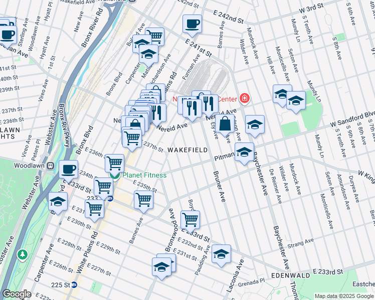 map of restaurants, bars, coffee shops, grocery stores, and more near in The Bronx
