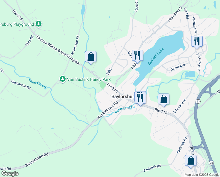 map of restaurants, bars, coffee shops, grocery stores, and more near 887 Route 115 in Saylorsburg