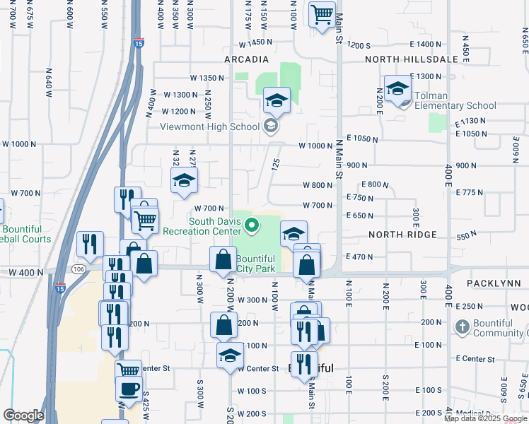 map of restaurants, bars, coffee shops, grocery stores, and more near 111 West 700 North in Bountiful
