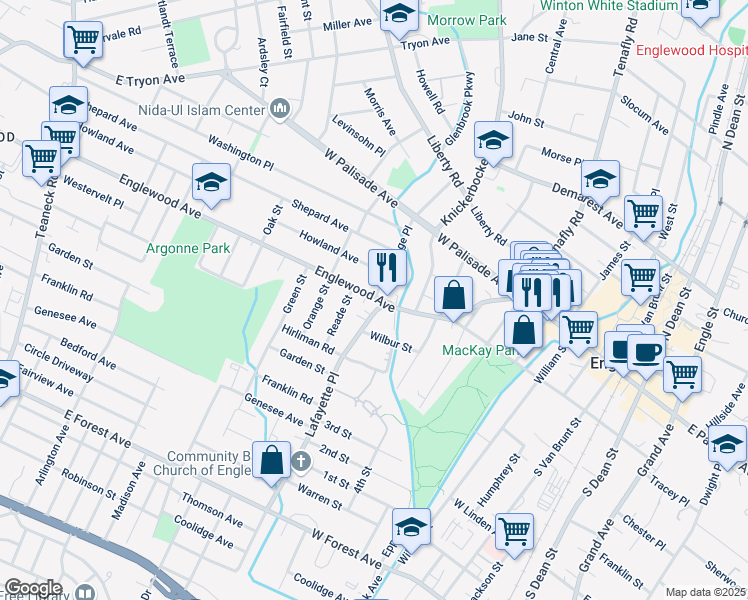 map of restaurants, bars, coffee shops, grocery stores, and more near 80 Lafayette Place in Englewood