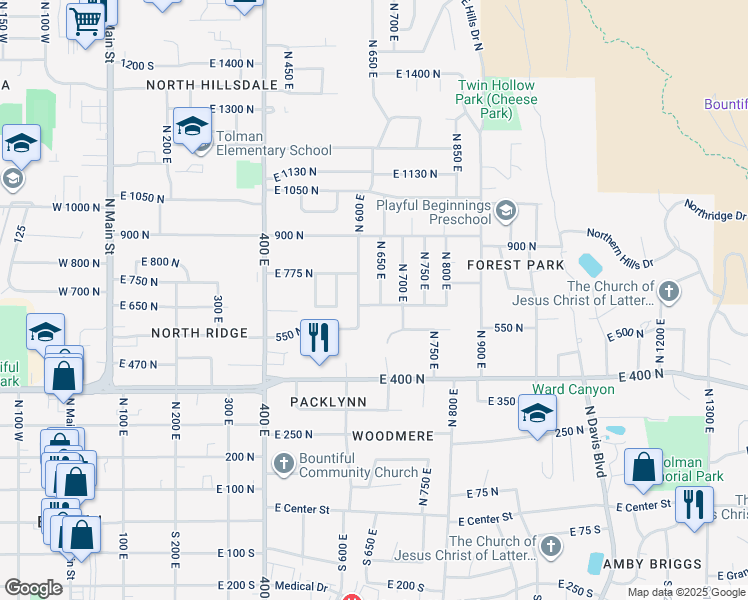 map of restaurants, bars, coffee shops, grocery stores, and more near 678 East 650 North in Bountiful