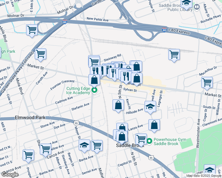 map of restaurants, bars, coffee shops, grocery stores, and more near 500 Victor Street in Saddle Brook