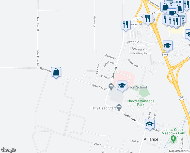 map of restaurants, bars, coffee shops, grocery stores, and more near 3070 Alice Avenue in Arcata