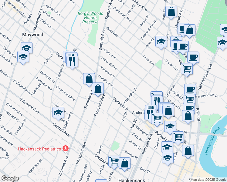map of restaurants, bars, coffee shops, grocery stores, and more near 303 Hamilton Place in Hackensack