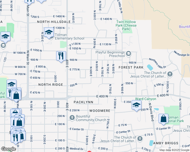 map of restaurants, bars, coffee shops, grocery stores, and more near 678 East 650 North in Bountiful