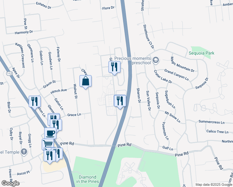 map of restaurants, bars, coffee shops, grocery stores, and more near 35 Gibbs Road in Coram
