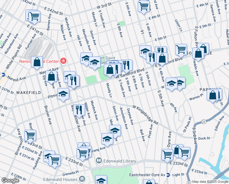 map of restaurants, bars, coffee shops, grocery stores, and more near 537 Seton Avenue in Mount Vernon