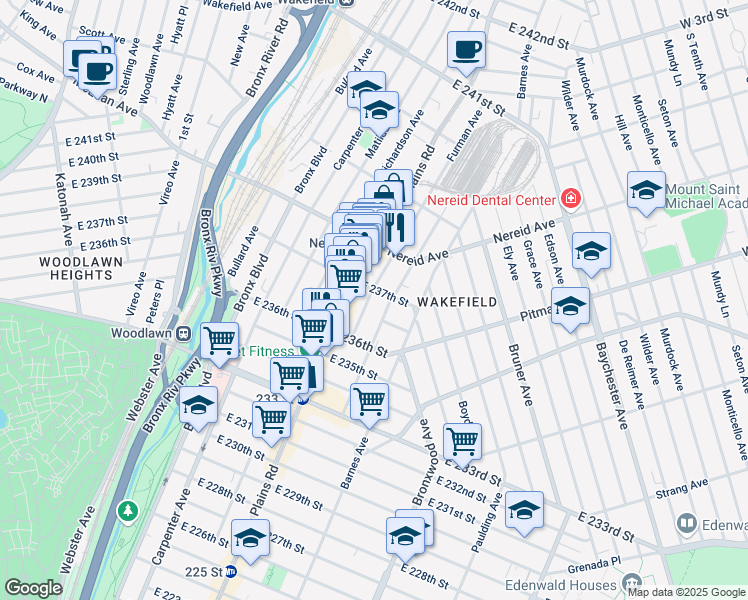 map of restaurants, bars, coffee shops, grocery stores, and more near 4329 Byron Avenue in Bronx