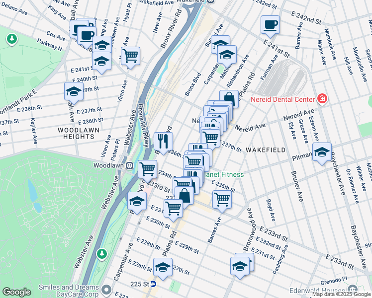 map of restaurants, bars, coffee shops, grocery stores, and more near 679 East 236th Street in Bronx