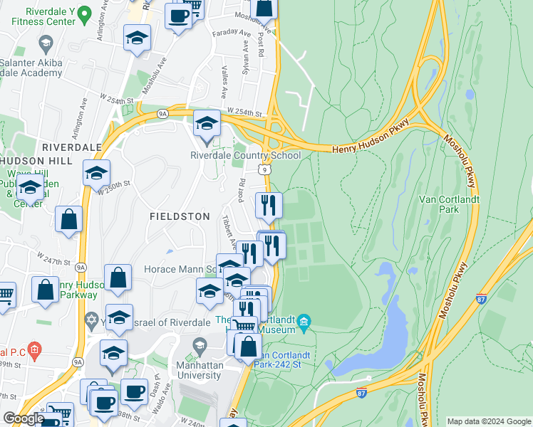 map of restaurants, bars, coffee shops, grocery stores, and more near 221 West 251st Street in Bronx