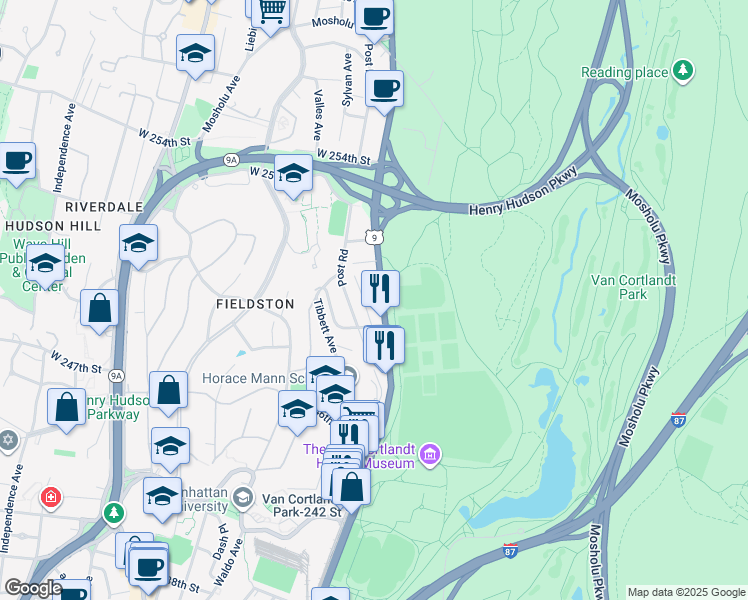map of restaurants, bars, coffee shops, grocery stores, and more near 221 West 251st Street in Bronx