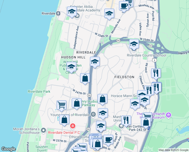 map of restaurants, bars, coffee shops, grocery stores, and more near 4690 Henry Hudson Parkway East in Bronx