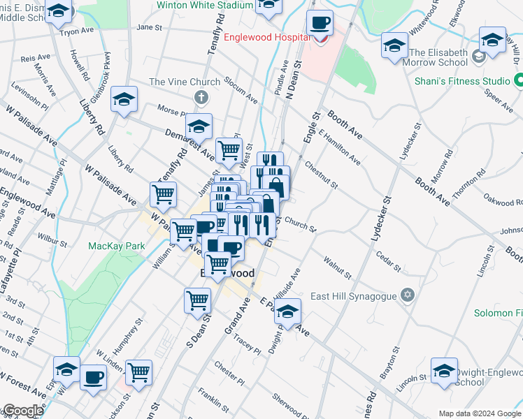 map of restaurants, bars, coffee shops, grocery stores, and more near 25 Park Place in Englewood