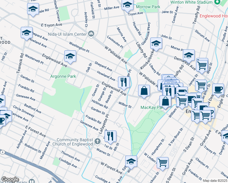 map of restaurants, bars, coffee shops, grocery stores, and more near 80 Lafayette Place in Englewood