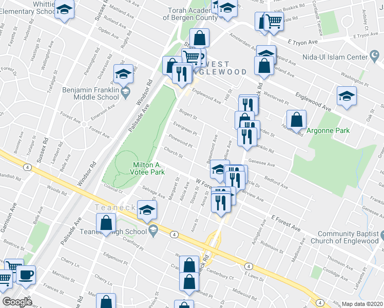 map of restaurants, bars, coffee shops, grocery stores, and more near 116 Church Street in Teaneck