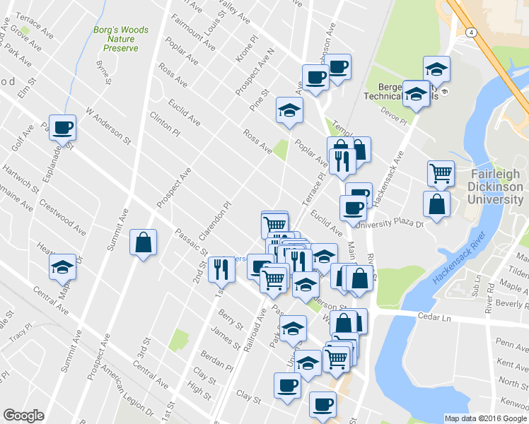 map of restaurants, bars, coffee shops, grocery stores, and more near 84 Vanderbeck Place in Hackensack