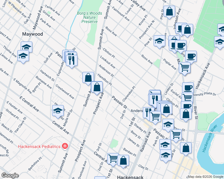 map of restaurants, bars, coffee shops, grocery stores, and more near 295 Passaic Street in Hackensack