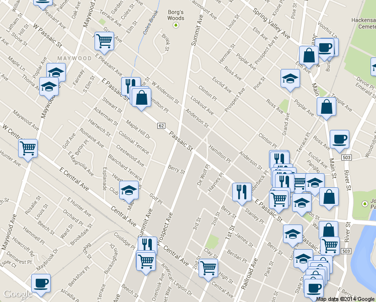 map of restaurants, bars, coffee shops, grocery stores, and more near 405 Prospect Avenue in Hackensack