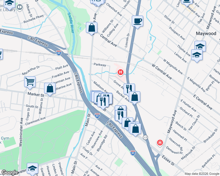 map of restaurants, bars, coffee shops, grocery stores, and more near 68 Madison Avenue in Rochelle Park