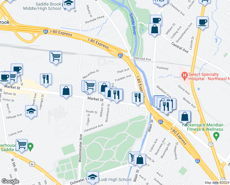 map of restaurants, bars, coffee shops, grocery stores, and more near 59 Harrison Avenue in Saddle Brook