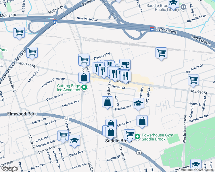 map of restaurants, bars, coffee shops, grocery stores, and more near 36 North 5th Street in Saddle Brook
