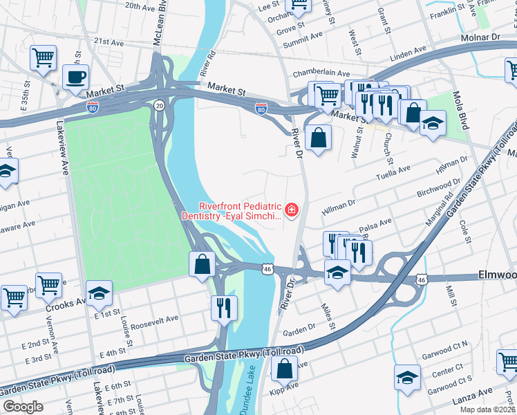 map of restaurants, bars, coffee shops, grocery stores, and more near 400 Riverfront Boulevard in Elmwood Park