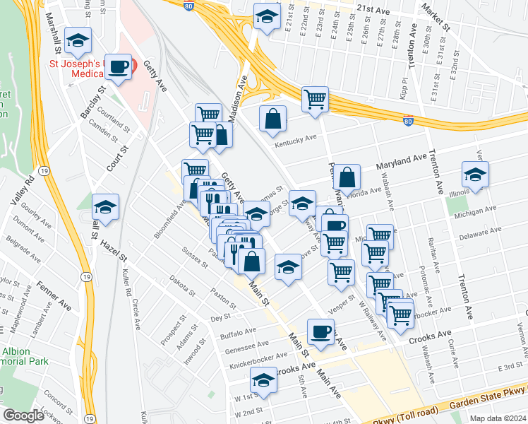 map of restaurants, bars, coffee shops, grocery stores, and more near in Paterson