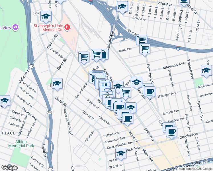 map of restaurants, bars, coffee shops, grocery stores, and more near 11 Thomas Street in Paterson