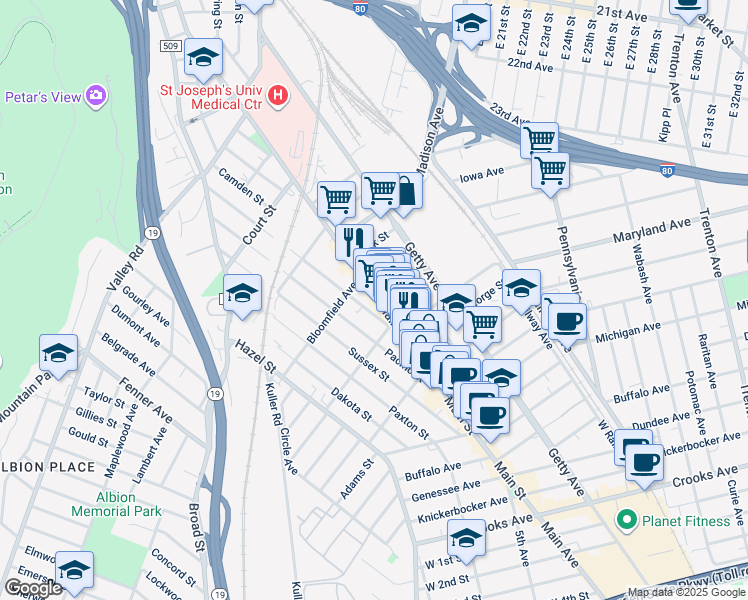 map of restaurants, bars, coffee shops, grocery stores, and more near 332 Atlantic Street in Paterson