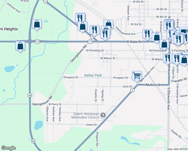 map of restaurants, bars, coffee shops, grocery stores, and more near 921 Prospect Street in Salem