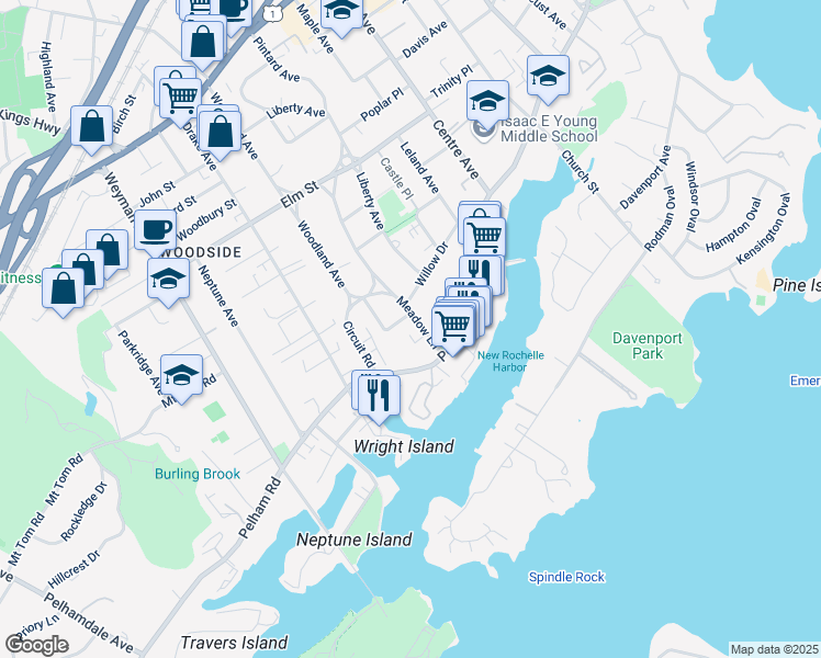 map of restaurants, bars, coffee shops, grocery stores, and more near 165 Meadow Lane in New Rochelle