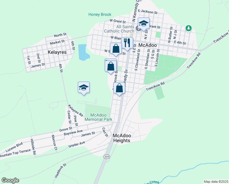 map of restaurants, bars, coffee shops, grocery stores, and more near 523 South Hancock Street in McAdoo