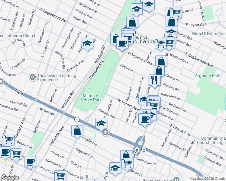 map of restaurants, bars, coffee shops, grocery stores, and more near 180 Church Street in Teaneck