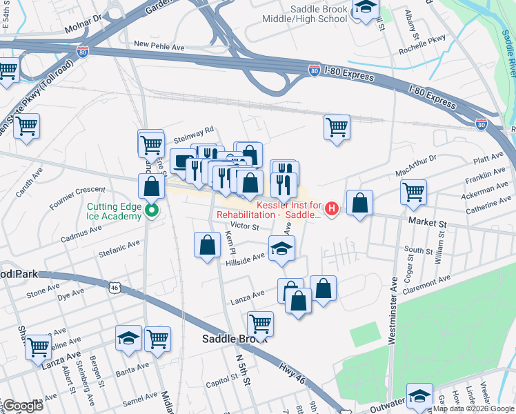 map of restaurants, bars, coffee shops, grocery stores, and more near 370 Market Street in Saddle Brook