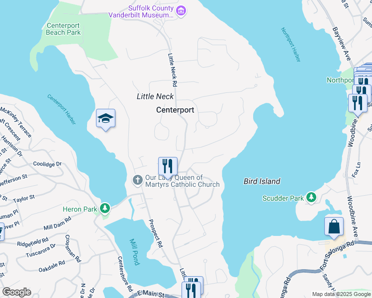 map of restaurants, bars, coffee shops, grocery stores, and more near 9 Mallard Cove in Centerport