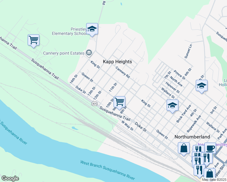 map of restaurants, bars, coffee shops, grocery stores, and more near 234 11th Street in Northumberland