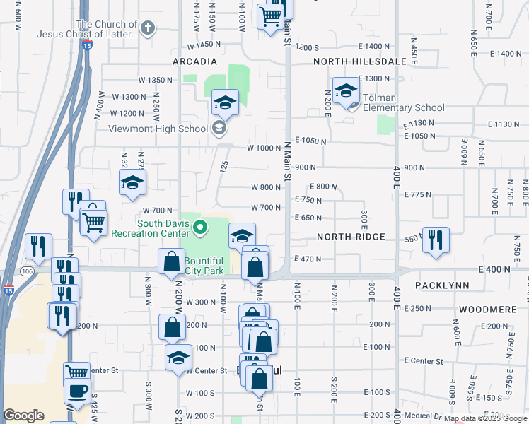 map of restaurants, bars, coffee shops, grocery stores, and more near 39 West 700 North in Bountiful