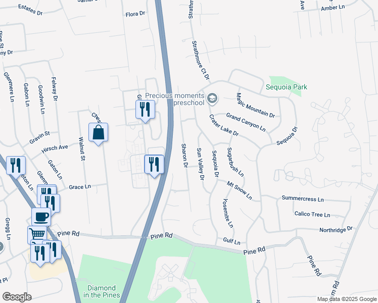 map of restaurants, bars, coffee shops, grocery stores, and more near 29 Sharon Drive in Coram