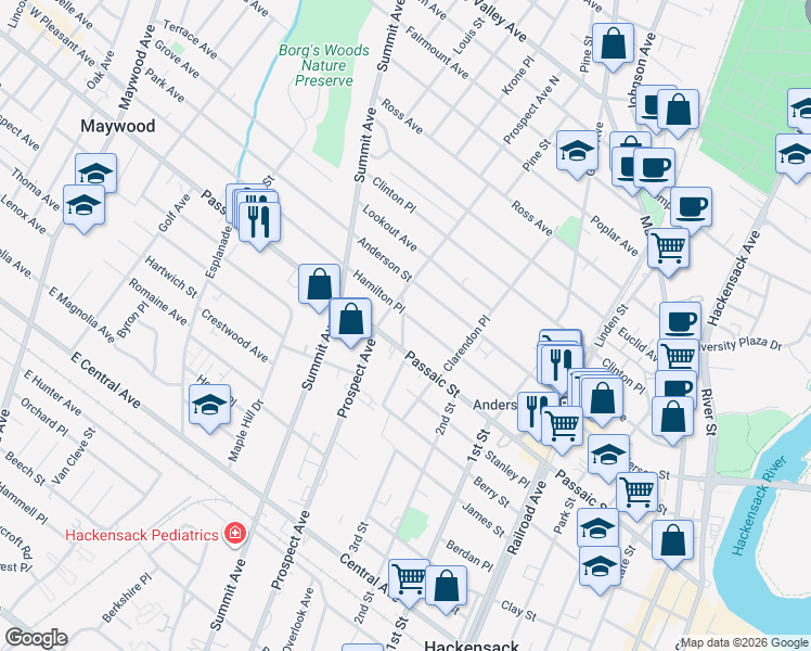 map of restaurants, bars, coffee shops, grocery stores, and more near 295 Passaic Street in Hackensack