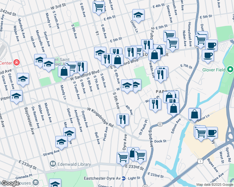 map of restaurants, bars, coffee shops, grocery stores, and more near 630 South 4th Avenue in Mount Vernon