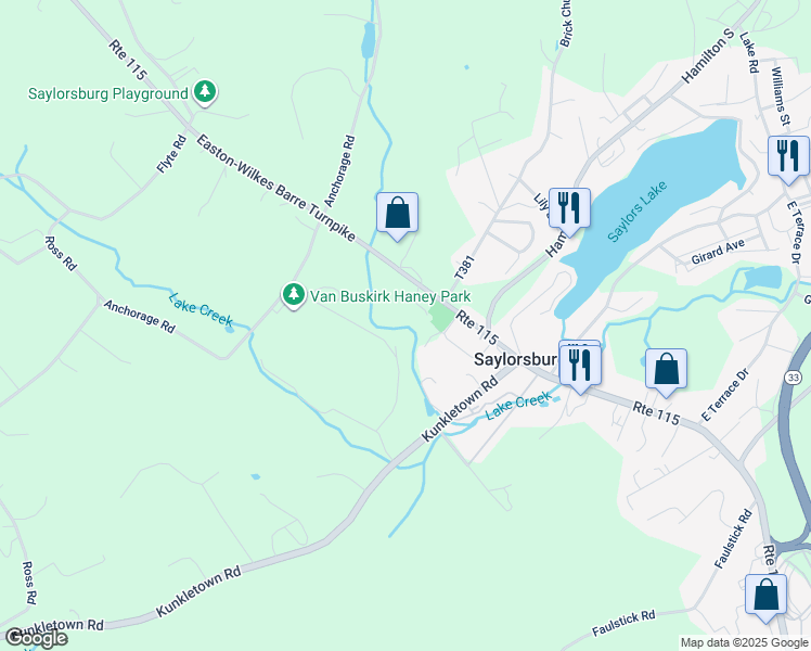 map of restaurants, bars, coffee shops, grocery stores, and more near 106 Henry Street in Saylorsburg